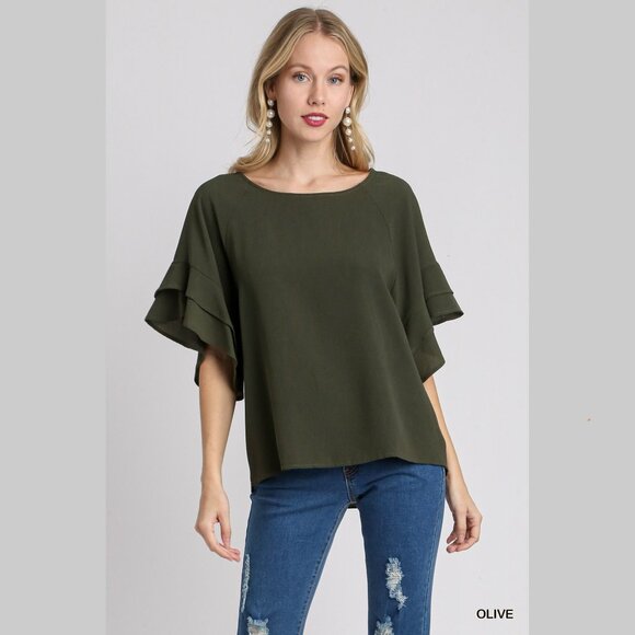 Layered Ruffle Sleeve Top / Blouse - Boxy Cut - Wide Round Neck - Olive Green - Picture 6 of 9